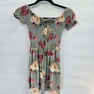 J For Justify Juniors Green Floral Ruched Mini Dress Size M